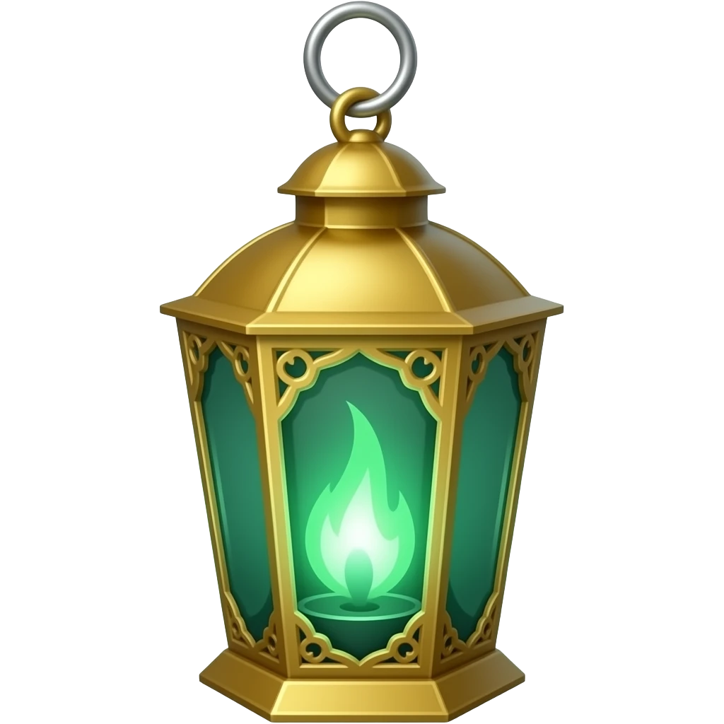 A golden hanging lantern with a bright emerald green flames, an empty loop on top, fae filigree themed, but simple focus more on the green flames, paint the glass more green emoji