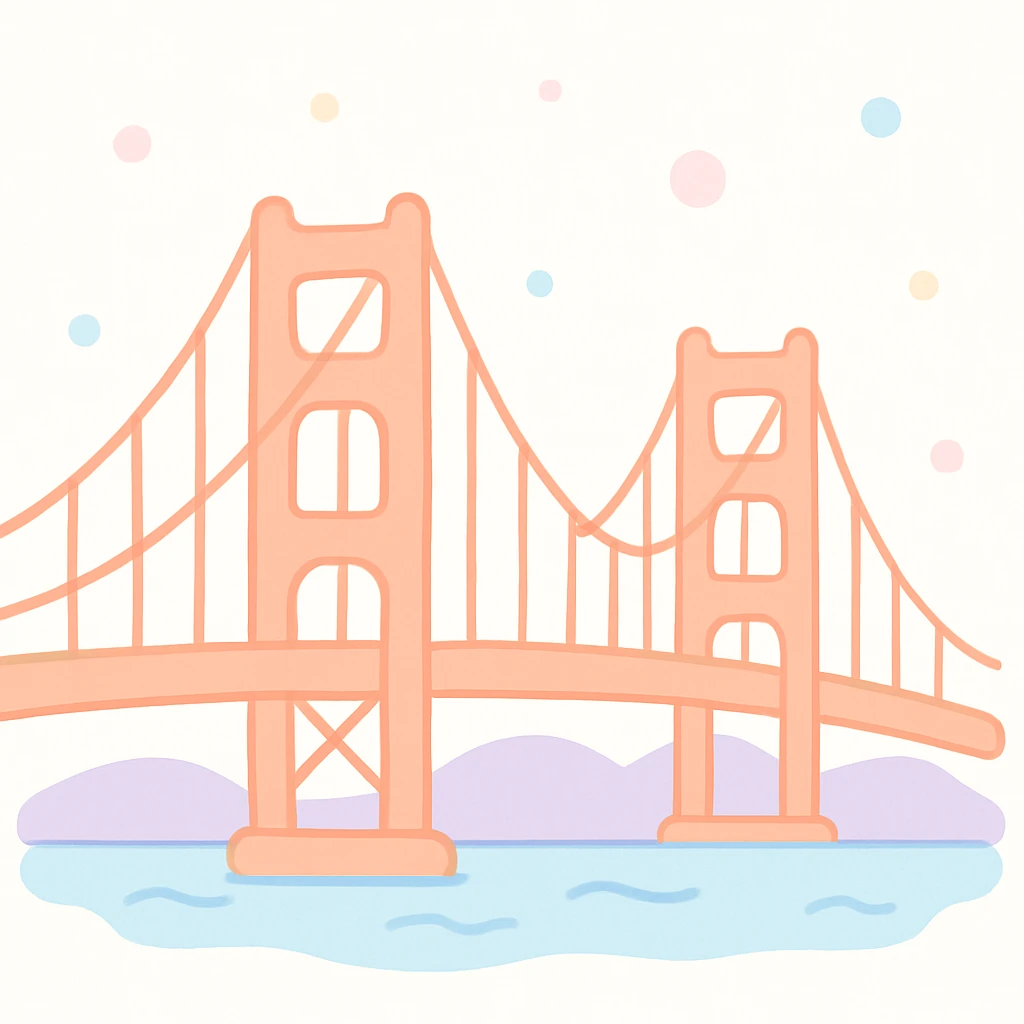 {
  "style_description": {
    "overall_look": "Cute, minimal, and soft with a friendly and playful tone",
    "material_simulation": {
      "primary_material": "flat digital color",
      "texture_detail": "smooth surfaces with no texture or shading",
      "pattern": "none or very simple decorative accents (e.g., hearts, stars)"
    },
    "geometry": {
      "edge_style": "rounded, soft curves with no sharp angles",
      "dimensionality": "flat two-dimensional appearance with simple shapes"
    },
    "color_palette": {
      "scheme": "pastel and light tones",
      "preferred_colors": ["pink", "mint", "lavender", "baby blue", "peach"],
      "contrast": "low contrast with bright accents"
    },
    "facial_features": {
      "eyes": "large, sparkly, often oval or circular",
      "mouth": "small, often a simple curve or dot",
      "expression": "joyful, innocent, or calm"
    },
    "lighting": {
      "type": "none or implied with soft highlights",
      "purpose": "maintain a clean and cheerful look"
    },
    "render_constraints": {
      "avoid": ["realistic shading", "high detail", "dark themes", "texture noise"],
      "focus_on": ["cute expression", "iconic simplicity", "emotional warmth"]
    },
    "background": {
      "color": "white or soft pastel",
      "style": "plain or patterned with simple icons (e.g., polka dots, stars)",
      "lighting_consistency": "no shadows, evenly lit feel"
    }
  }
}

{subject} = golden gate bridge emoji