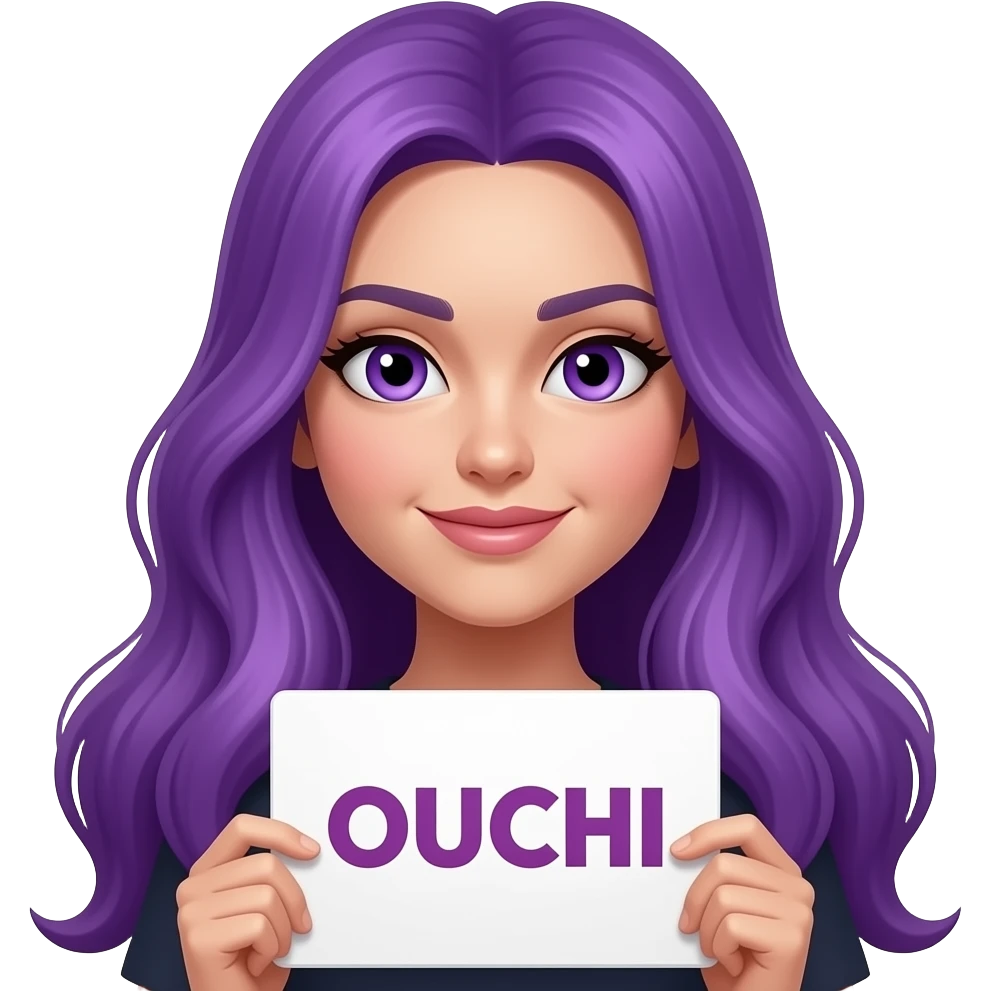 sexy girl with long purple hair and purple eyes holding a OUCHI... sign emoji