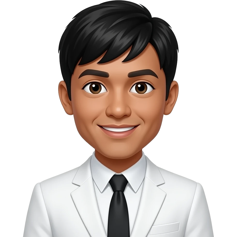 A tiny dark skinned midget philipino man with a mushroom cut wearing a white suit with a haircut like the Beatles emoji