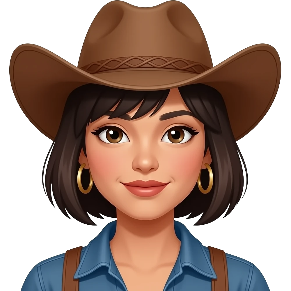 hot cowgirl asian with dark brown hair, wearing a cowboy hat. hairstyle is a bob with no bangs. she's a little tan. has hoop earrings emoji