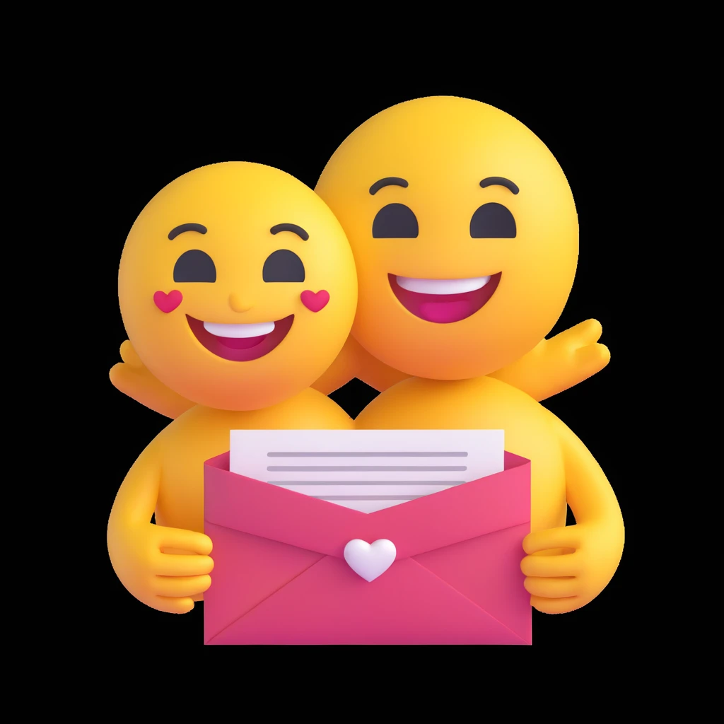 apple-style 3D emoji character holding a wedding invitation with both hands, cute and minimal, soft shadows, white background, high-resolution, emoji face smiling gently, pastel color palette emoji