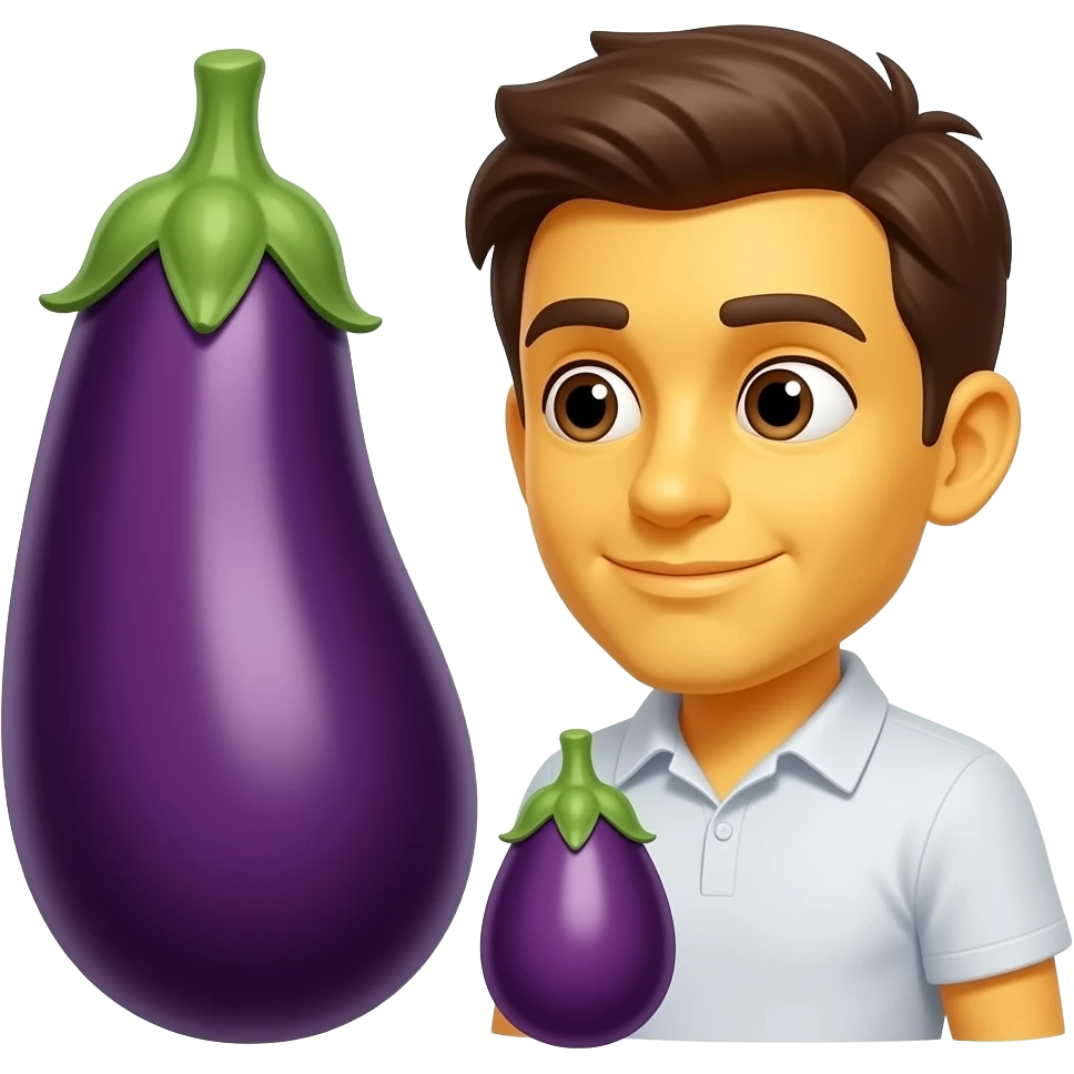Yellow emoji face looking at 1 big eggplant and 1 small eggplant emoji