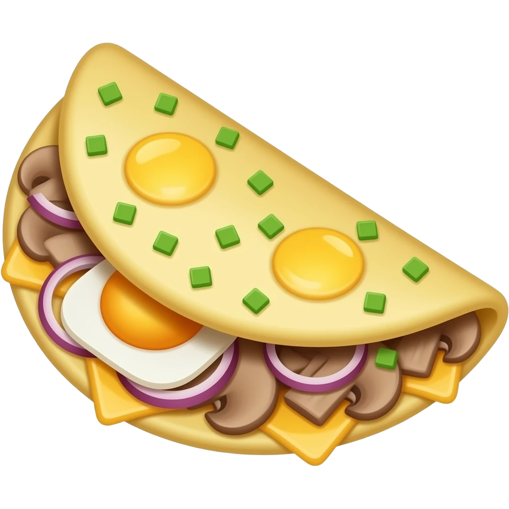 mushroom omelette with eggs, sliced mushrooms, melted cheese and onion rings, glossy juicy cartoon food render, emoji