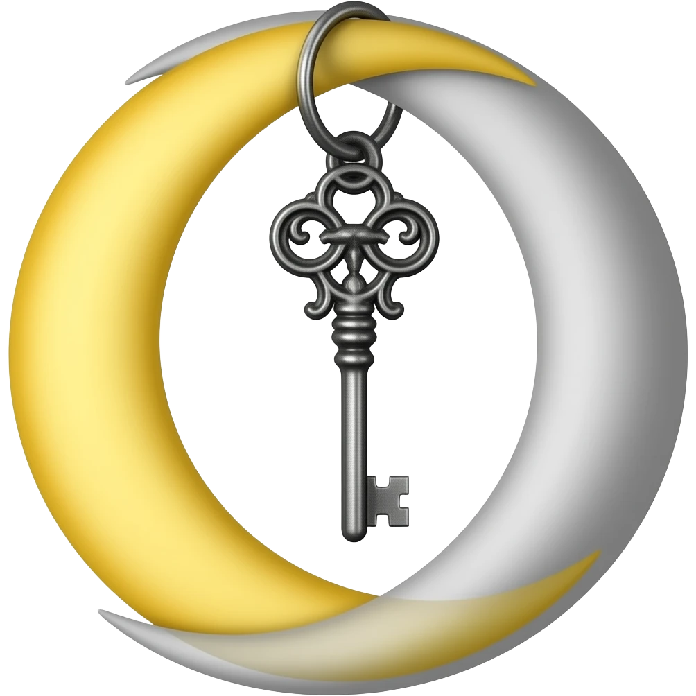 9. Moon & Key Symbol: Crescent moon with an ornate key hanging from its inner curve. Meaning: Unlocking hidden knowledge or soul purpose. emoji