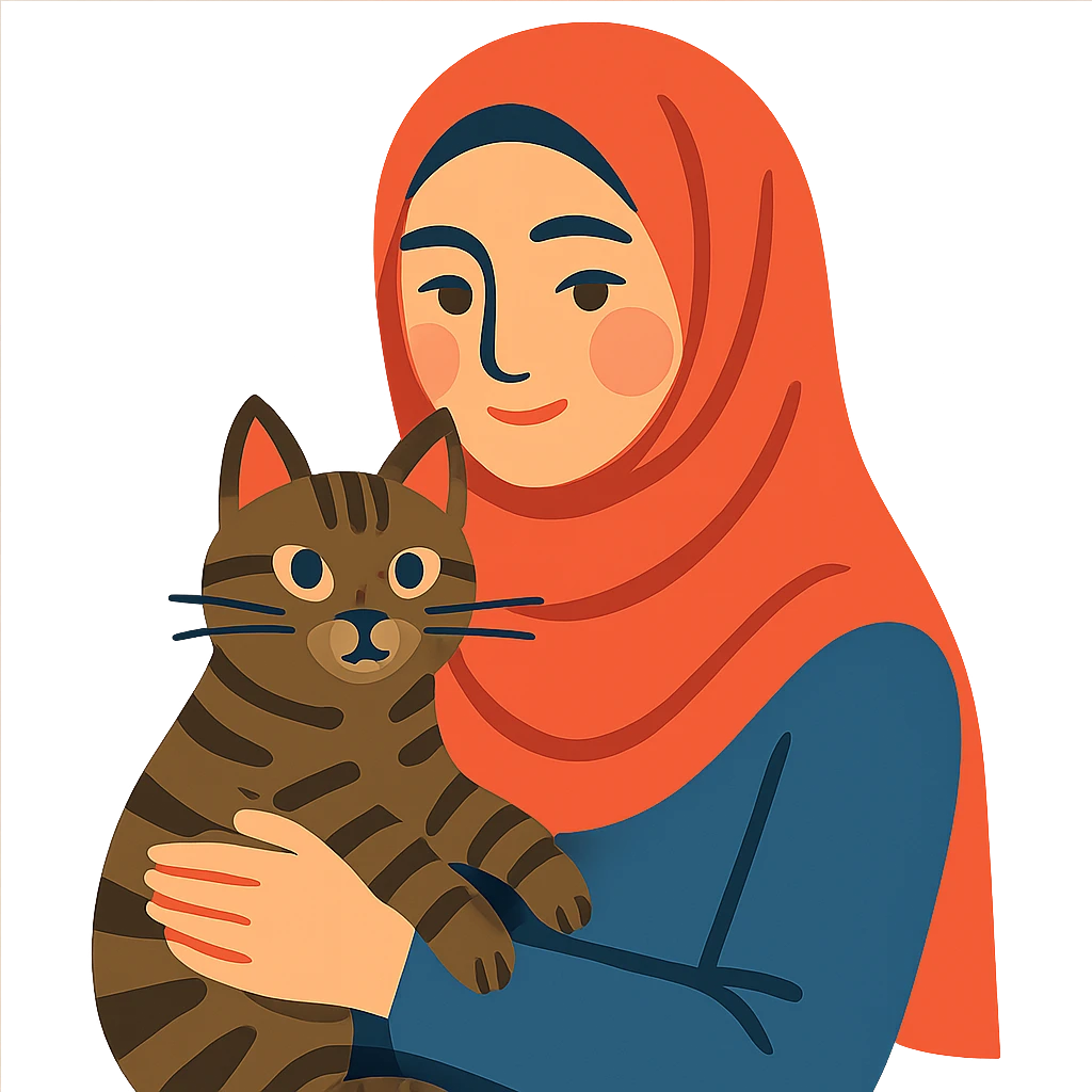 modern plain pashmina hijab woman holding a tabby cat, modern illustration style, soft expression emoji