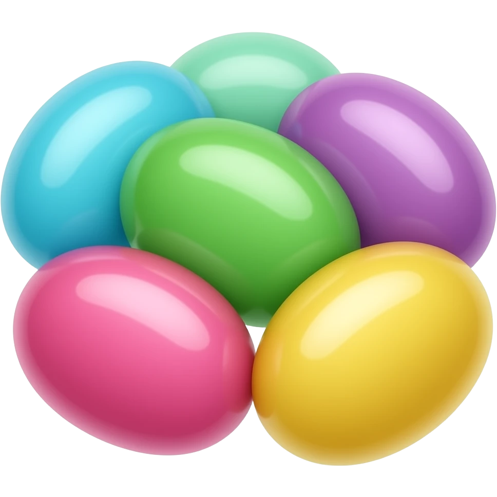 6 bonbons jelly beans, poignée de jelly beans au sol qui se touche, multicolore pastel clair, turquoise vert mauve rose jaune emoji