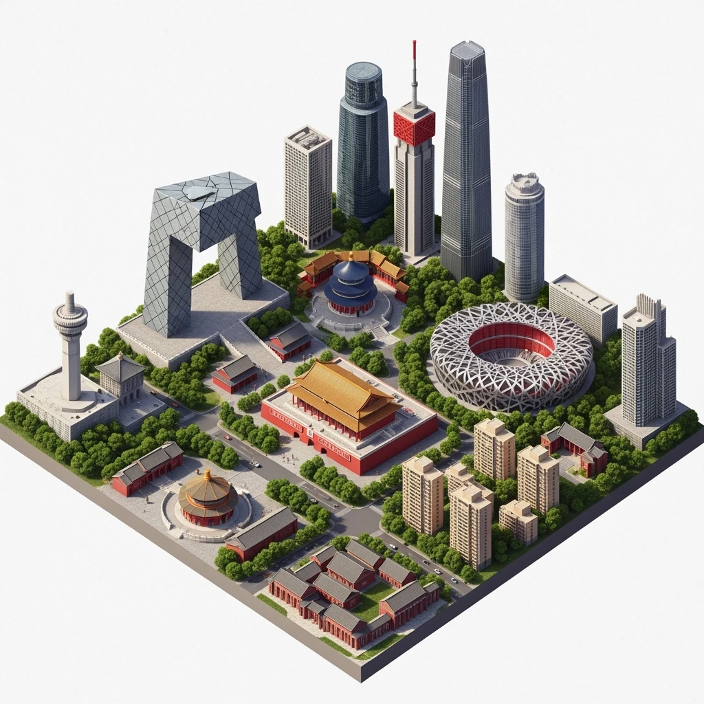 Isometric miniature of Beijing Forbidden City, Tiananmen Square, CCTV Headquarters, Temple of Heaven, China Zun skyscraper, Bird’s Nest Stadium, Beijing apartment blocks, 3D miniature effect and Tilt Shift effect, no cartoonish look, transparent background, don't cut angles emoji