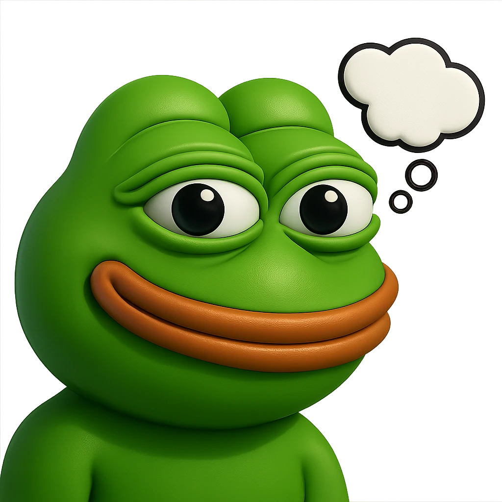 make a pepe in bright green smiling and looking straight at the camera with thought bubble looking at right right in 3d style, good highlights and shadows, drop shadows emoji