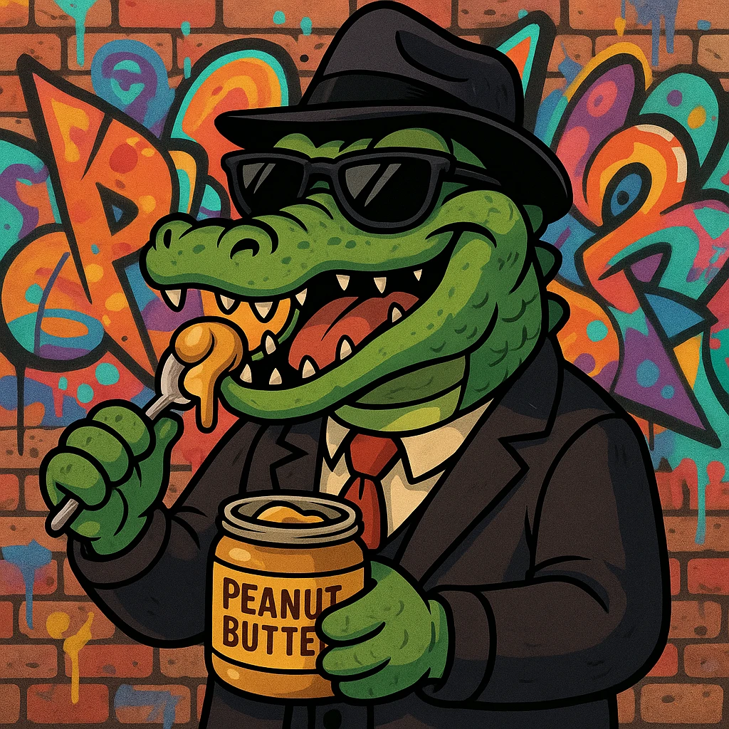 gangster alligator eating peanut butter, cartoon style, sunglasses, graffiti background emoji