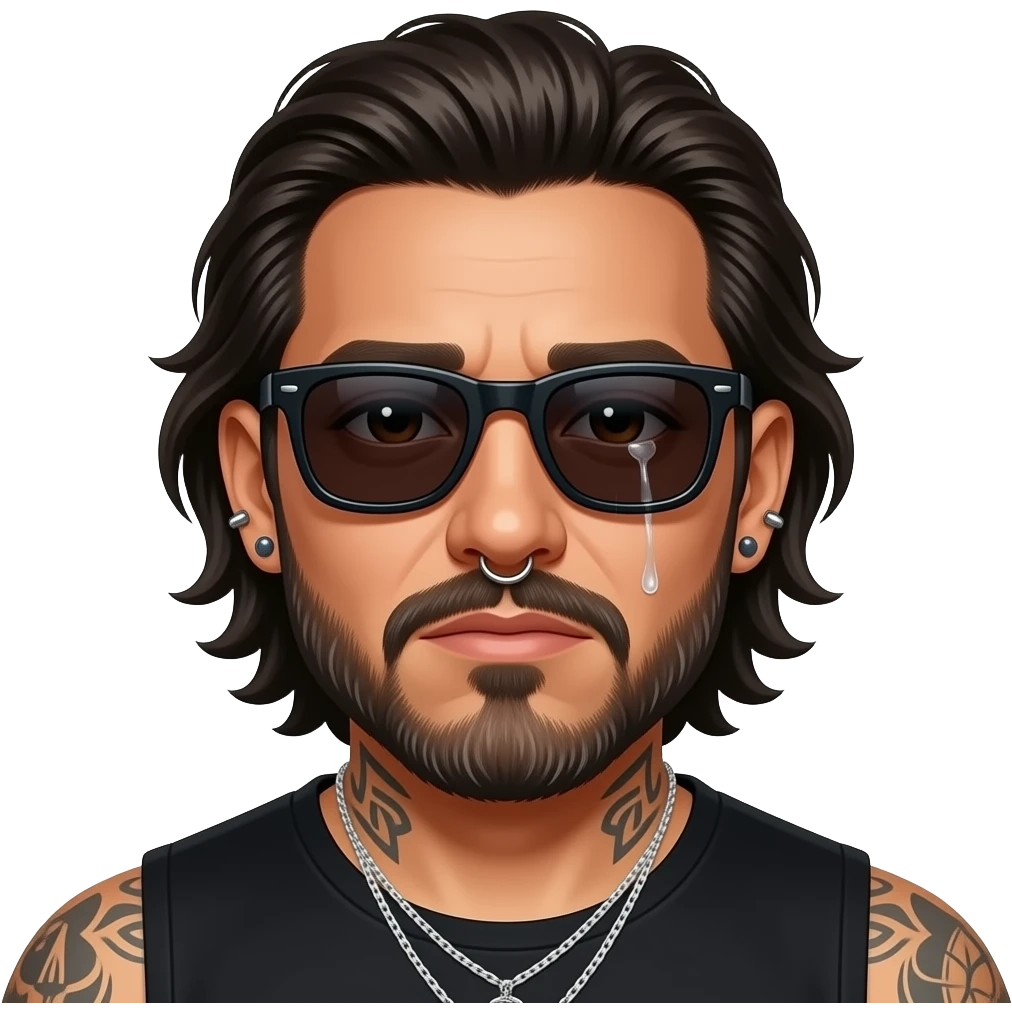The handsome manly Latino podcast host with medium length hair, a long slightly graying beard and tattoos with his ears pierced 1 time each ear and a nose ring on the right side, dark brown eyes, wearing black, super dark sunglasses, jewelry, crying emoji