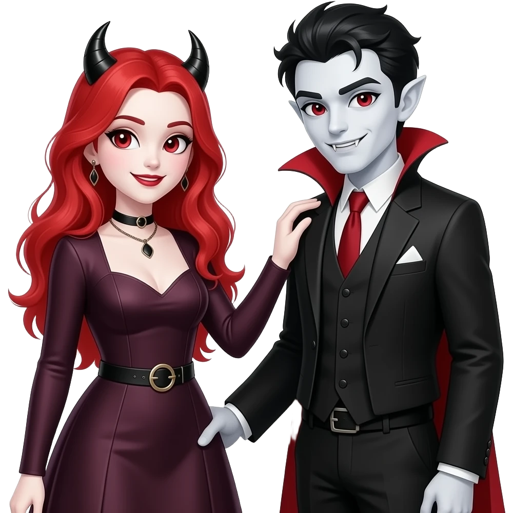 Vampiro femmina ADOLESCENTE con pelle bianca e capelli rossi indossa un vestito con le maniche lunghe e il pancione e tiene la mano al suo fidanzato VAMPIRO con la pelle bianca e i capelli neri emoji