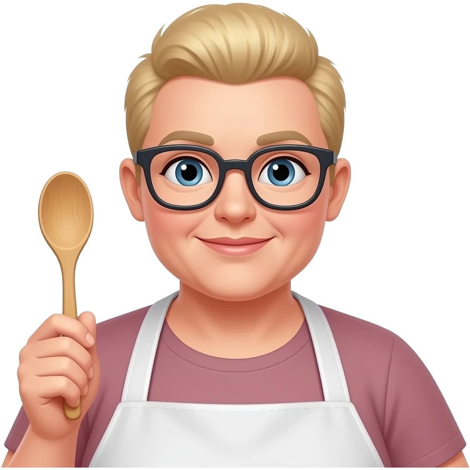 51 years blondie  some overweight woman cooking, glasses, wooden spoon, buzz cut emoji