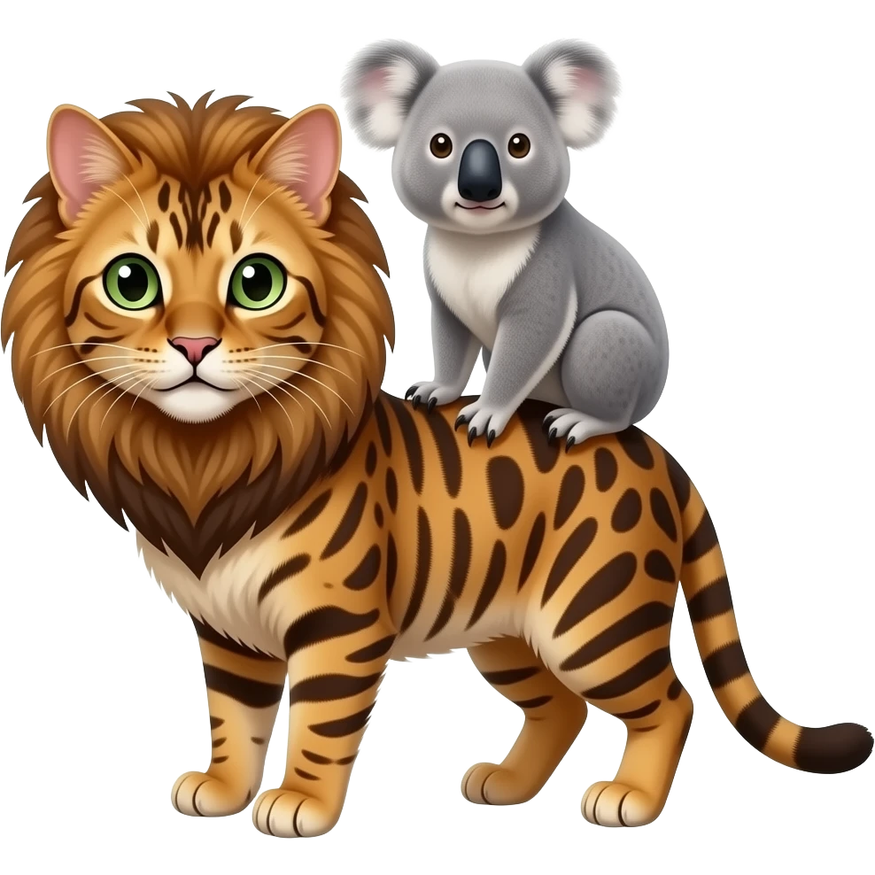 A brown bengal cat with big eyes and light green eyes, please make it more like a bengal, then put a lion and koala stand on this cat emoji