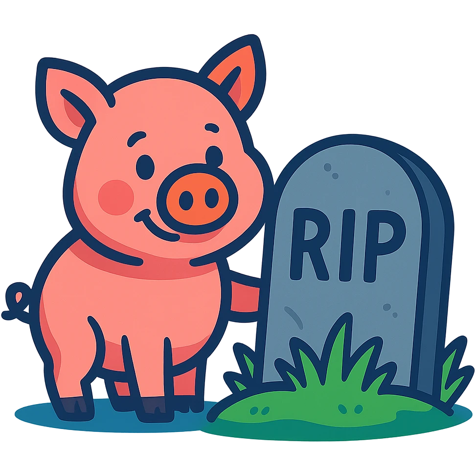 a pig next to a tombstone, vibrant cartoon style emoji