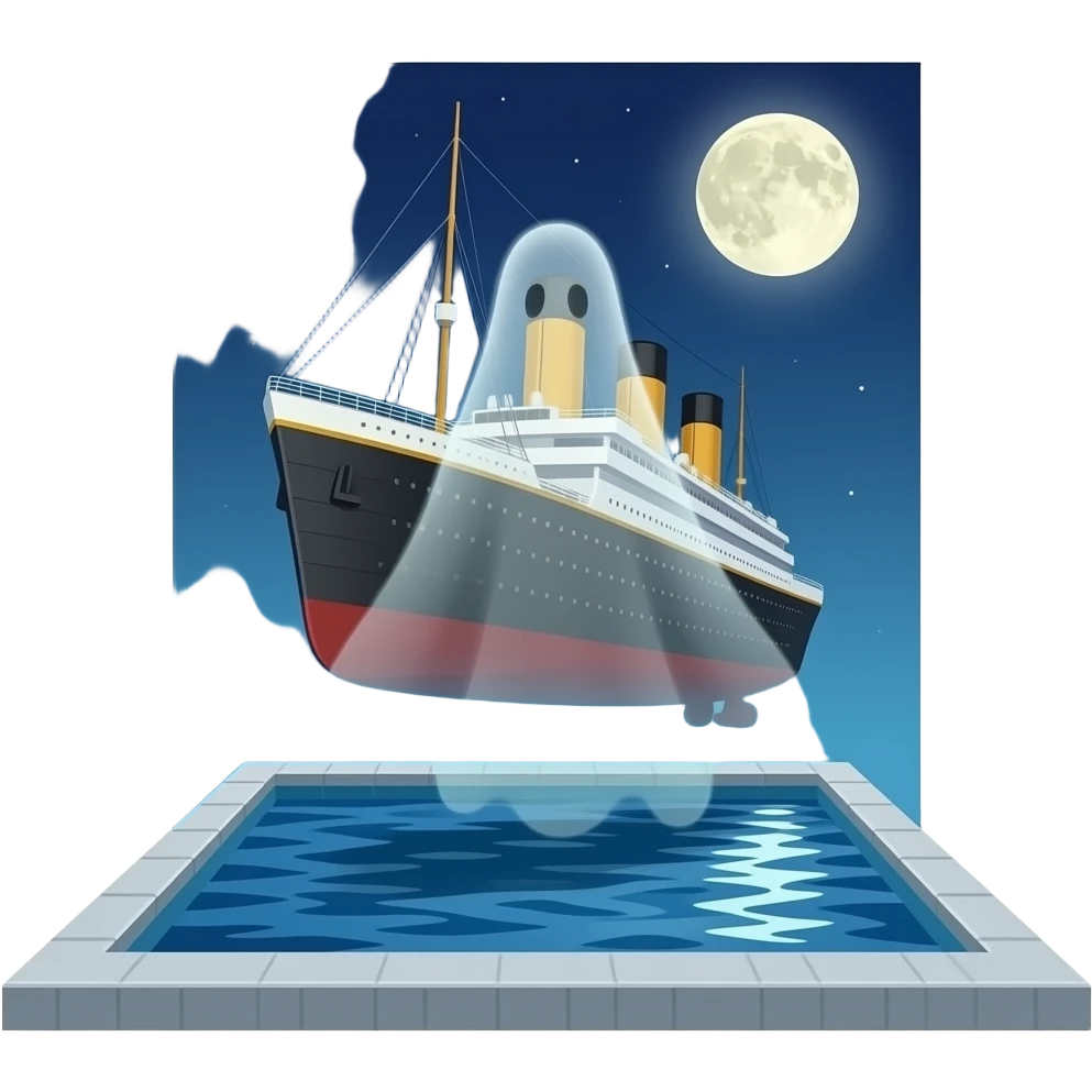 the ghostly ship Titanic hovers in the night sky above a pool of water emoji