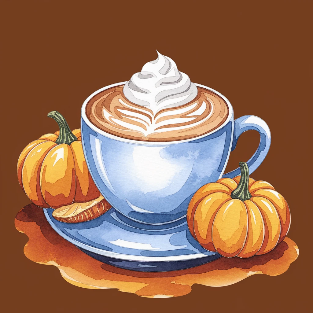 coffee latte art seamless background, pumpkin spice latte, creamy brown and orange tones, cozy autumn café vibe, watercolor effect emoji