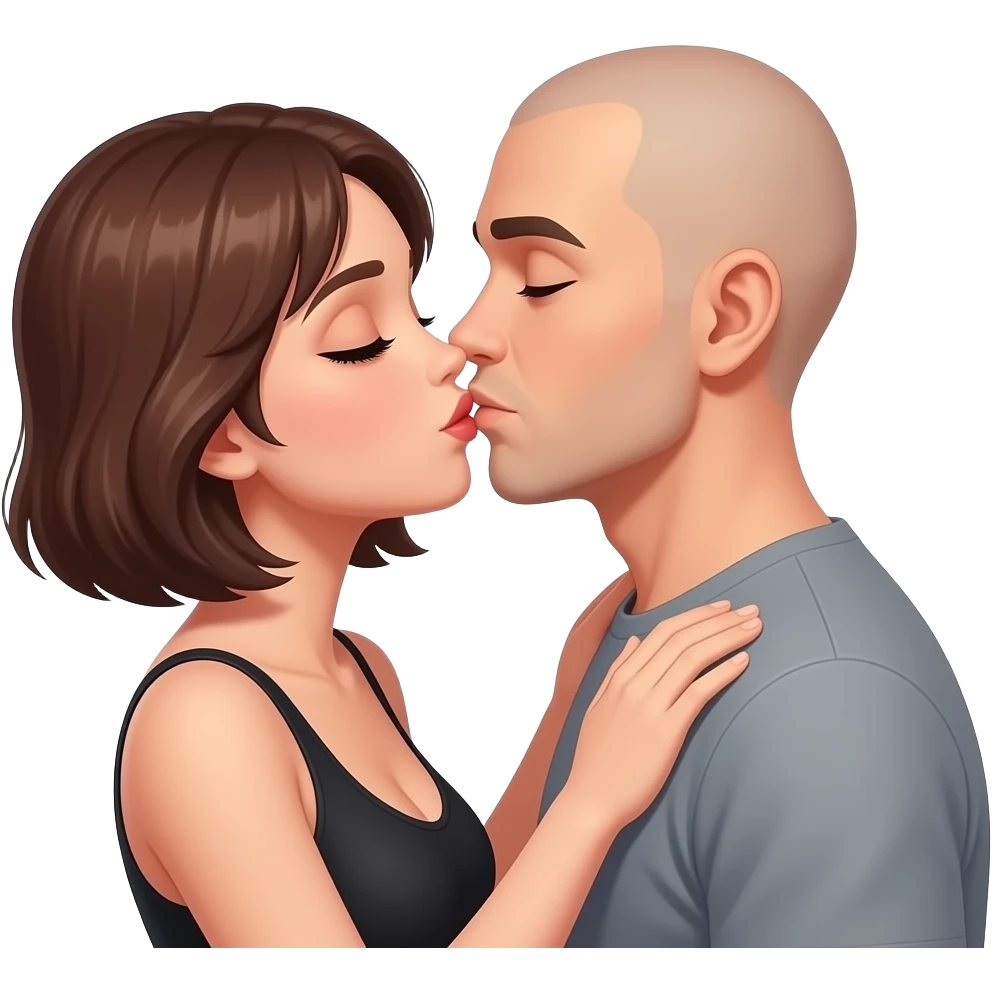 In love Sexy lady short brown hair kissing bald man emoji