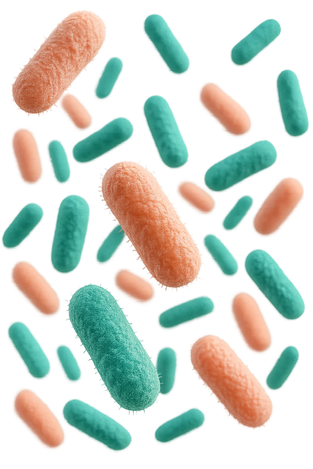 batteri intestinali rosa salmone e turchesi fluttuano in aria, iperrealistici 4k emoji