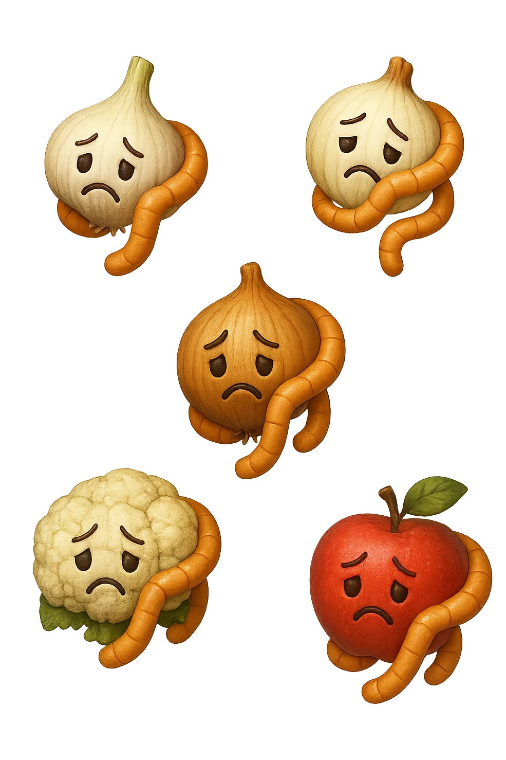 EMOJI STILE IPHONE DI aglio, cipolle, cavolfiore e mele che cadono verticalmente dall'alto con espressione triste con pezzi di colon avvolti intorno, IPERREALISTICO 4K emoji