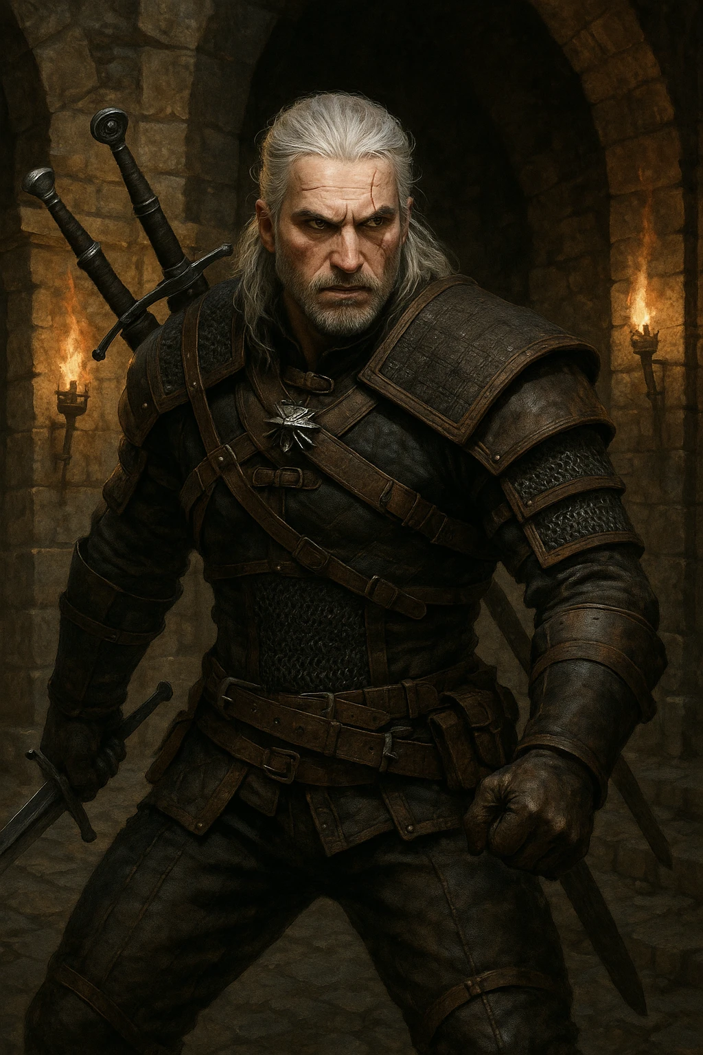 Geralt of Rivia, battle-ready pose, two swords on back, medieval setting, semi-realistic style emoji