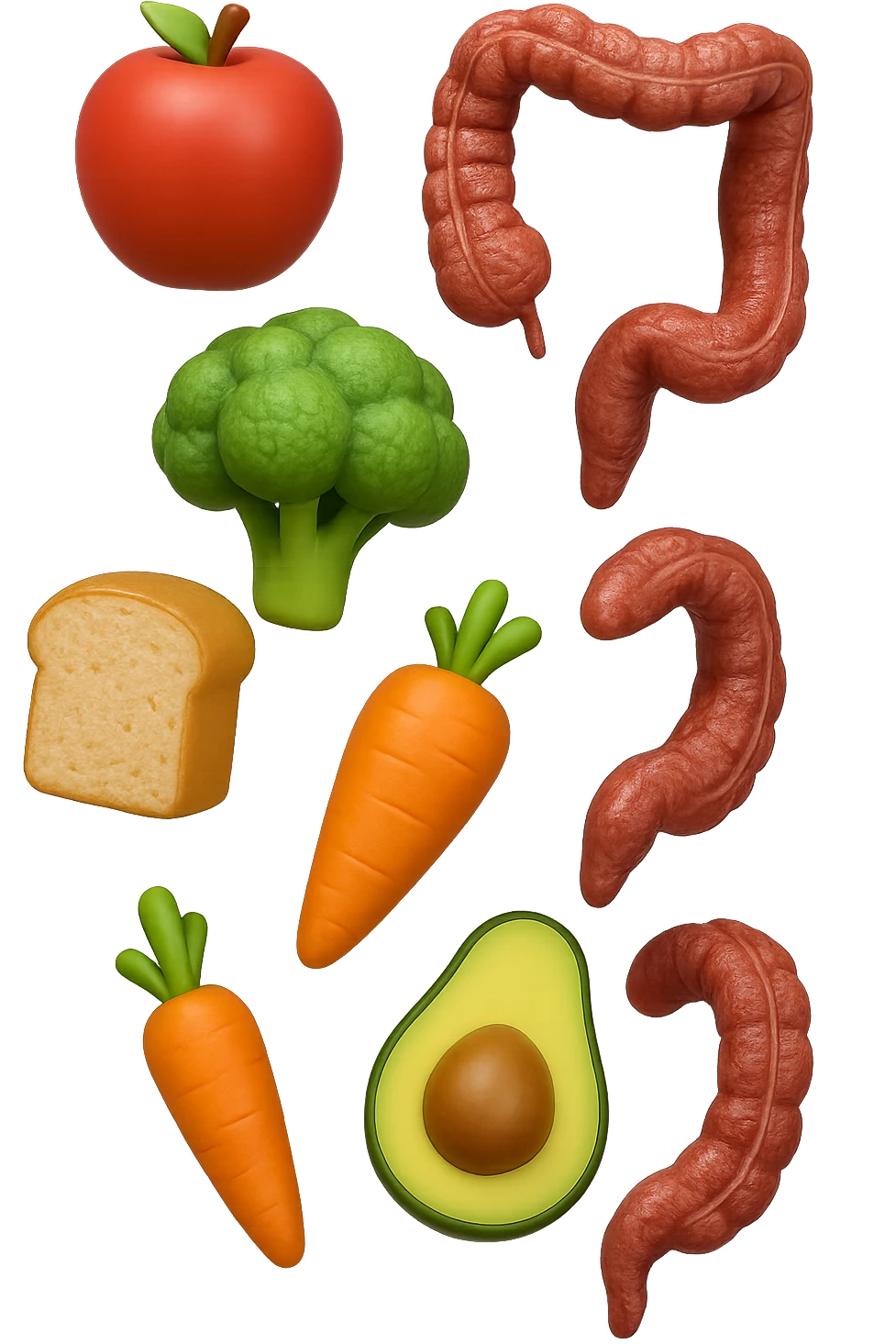 emoji stile iphone in 3d di cibo sano che fluttua in aria vericalmente insieme a pezzi di colon umano anatomico, iperrealistico 4k emoji