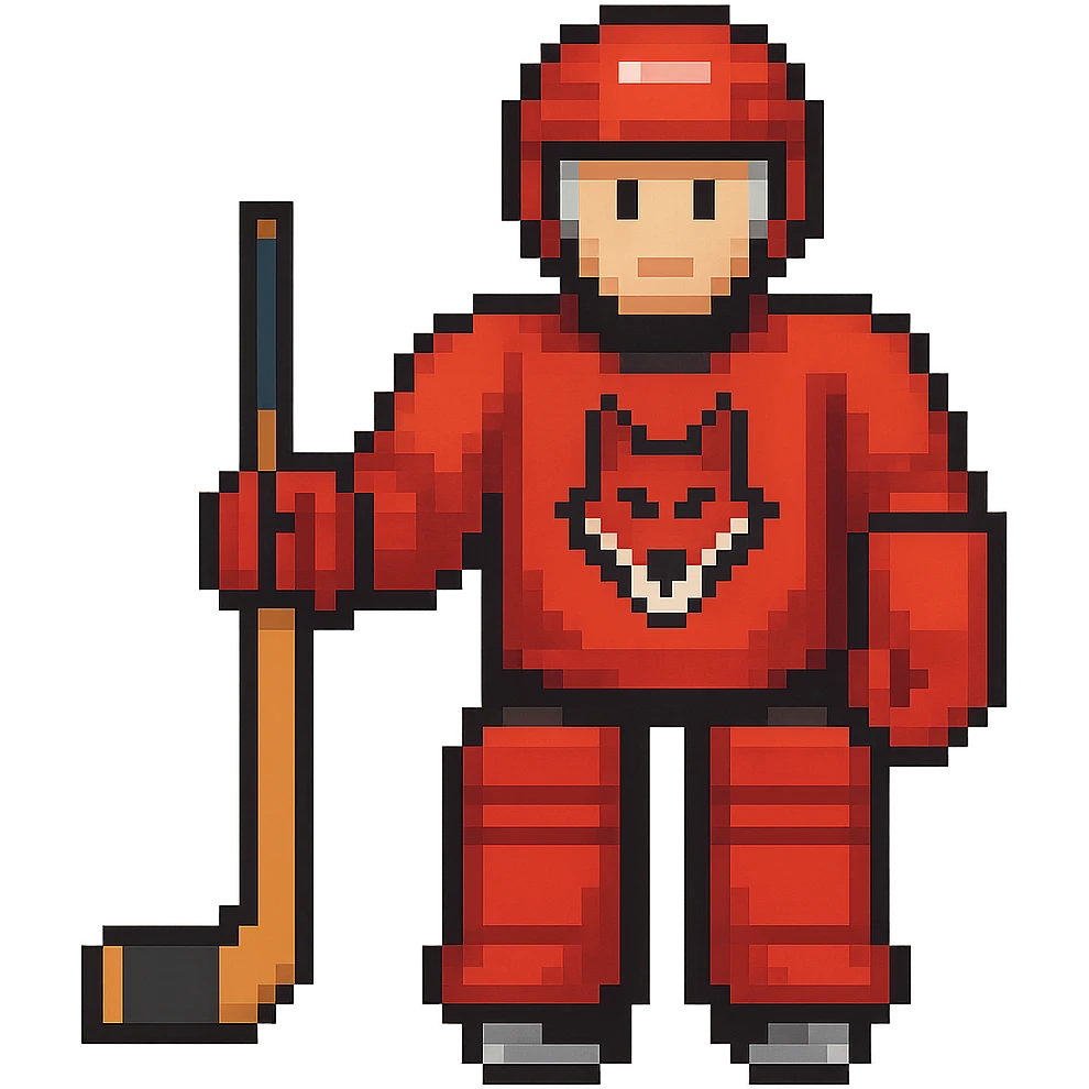 A hockey goalkeeper in red uniform with wolf image, pixel art style emoji