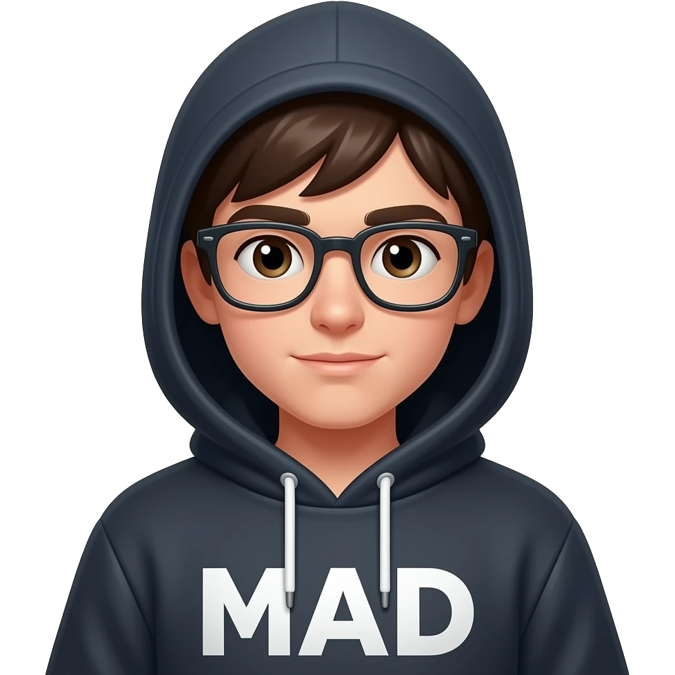 A young hacker (ethical) but cool. In a bit neutral mood. Without spectacles. Hoodie must have MAD written on it emoji