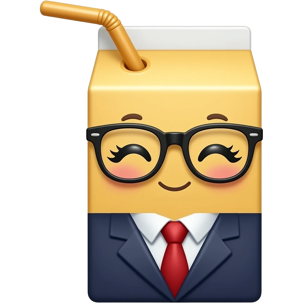Cute juice box with eyeglasses and eyelashes, wearing a business dress emoji