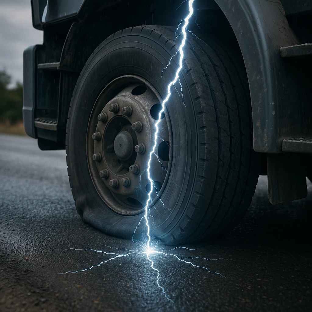 a close-up of a deflated semi tire on a road with a lightning bolt hitting it, realistic style emoji