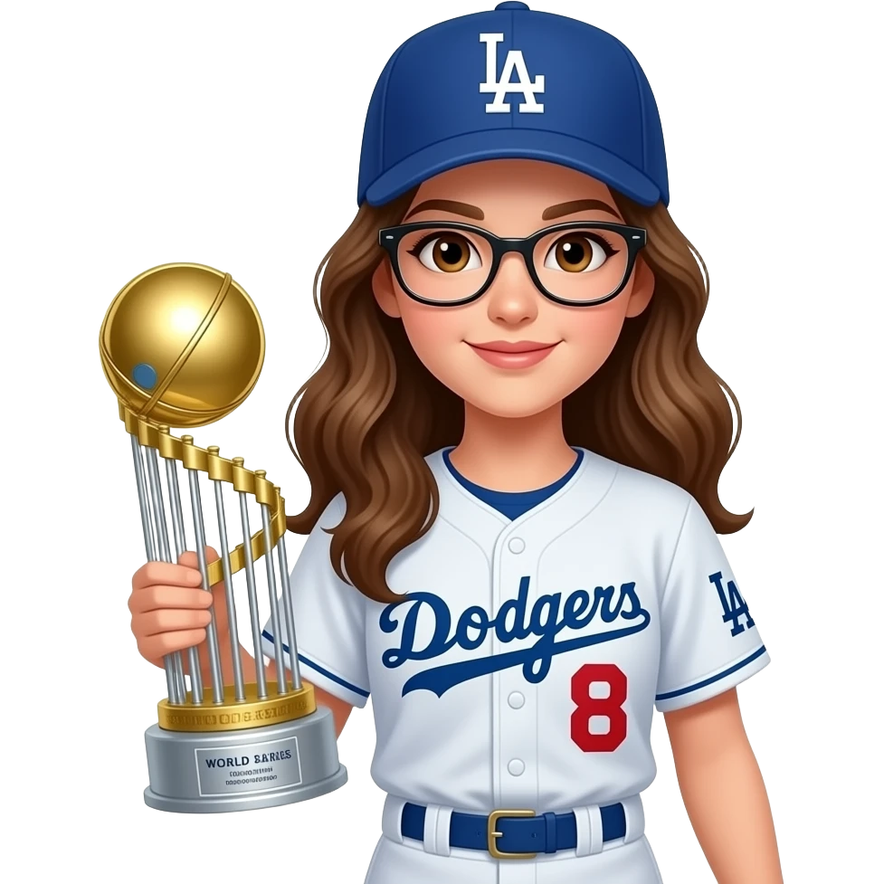 Girl with glasses with brown eyes & long wavy hair wearing dodgers holding World Series trophy wearing #8 emoji