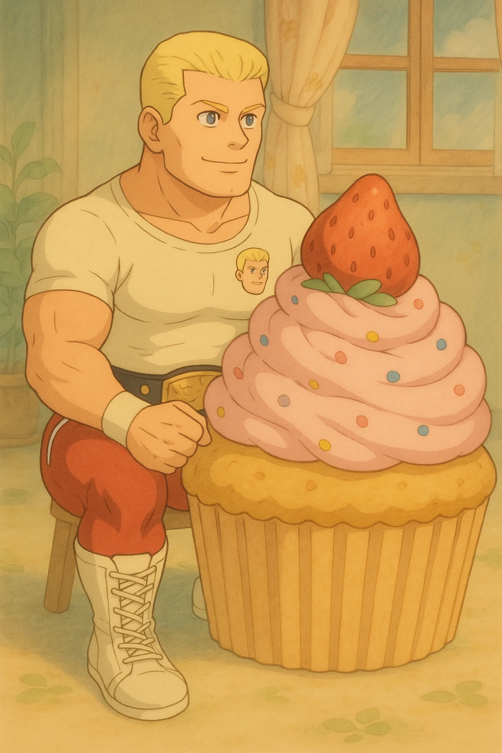 Add a wrestling belt to Cody Rhodes as he sits on the cupcake in Ghibli style. emoji