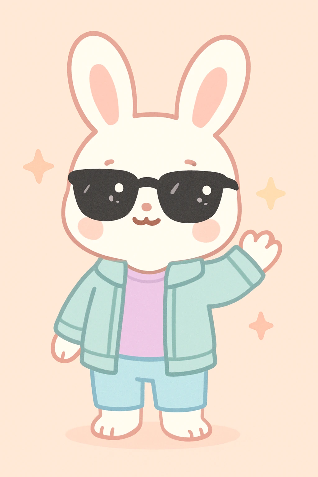 conejo blanco kawaii de pie, gafas de sol negras, ropa moderna chaqueta y camiseta, sin zapatos, saludando con una mano emoji
