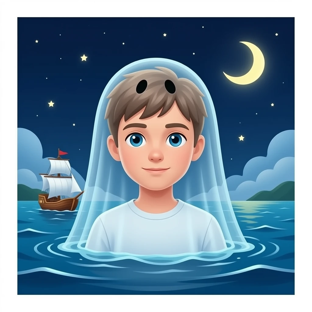 The ghostly ship The Queen Mary floats above the sea while a boy on the shore watches the scene - cut scene emoji