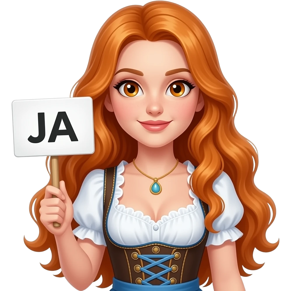 sexy girl with overlong ginger hair and ginger eyes wearing a dirndl holding JA sign emoji