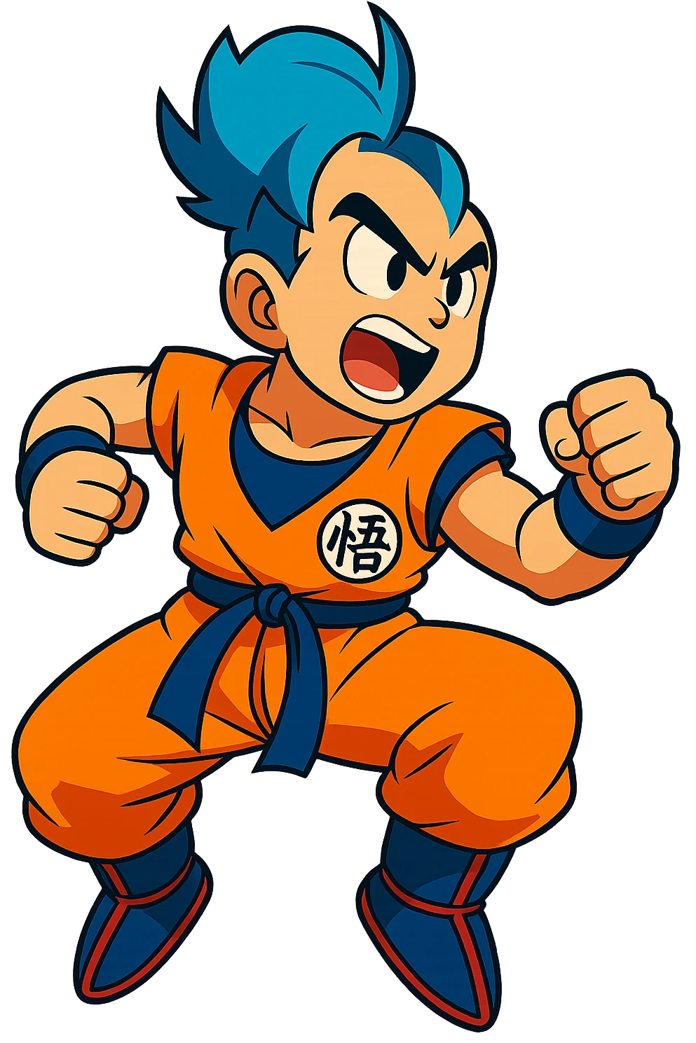 Edit the image of Goku to have only one strand of blue hair, in a dynamic pose with vibrant colors. Remove the background to be transparent. Maintain a style suitable for editing with text support. emoji