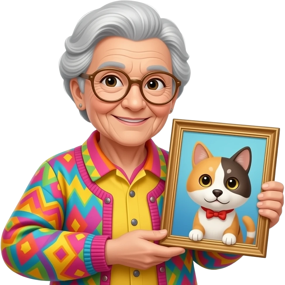 old grany wear vibrant color clothes and hold pet emoji