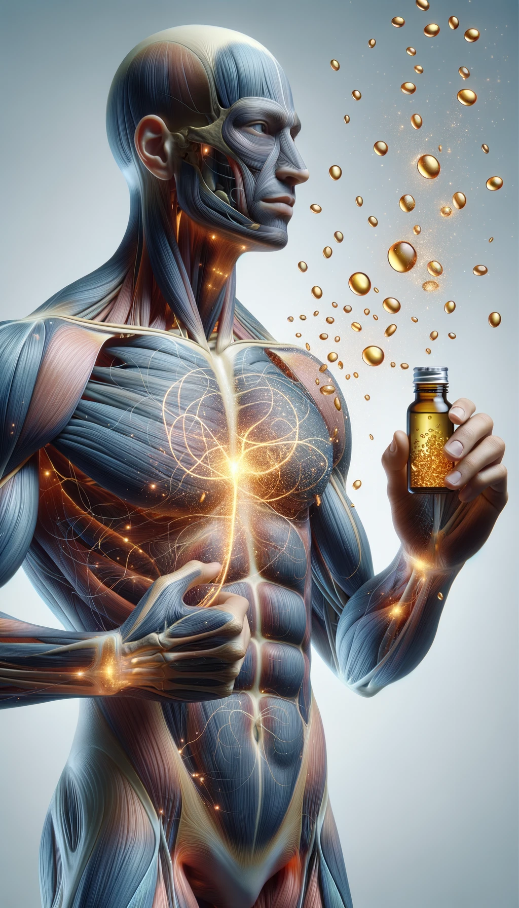 corpo umano anatomico tiene in mano l'olio di enotera, intorno a lui fluttuano particelle di ormoni umani, sfondo neutro chiaro, iperrealistico 4k emoji