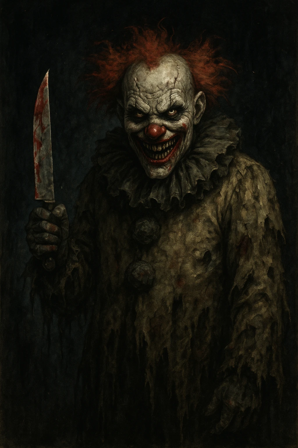 killer clown holding a bloody knife, evil smile, tattered costume, scary atmosphere emoji