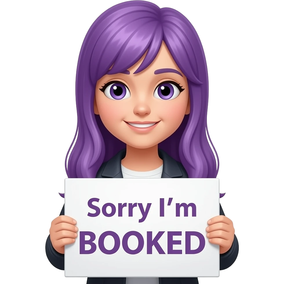 girl with long purple hair with a Sorry I'm BOOKED sign emoji