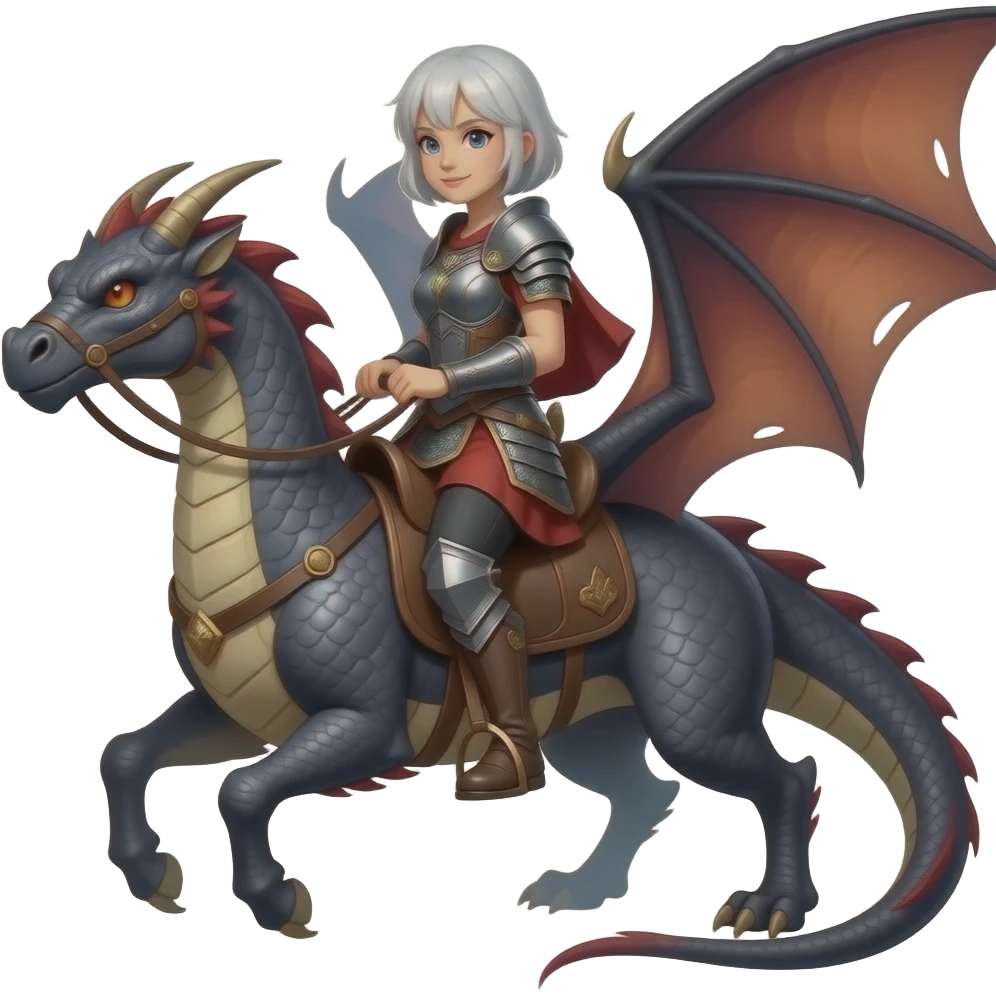 Short white hair older woman warrior riding dragon emoji