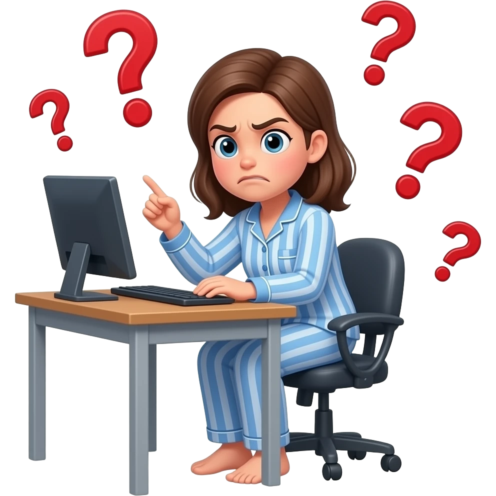 a girl in her pajama sitting at the desk turning around to us with disgusted expression and raised eyebrows - around her there are red question marks in the air emoji