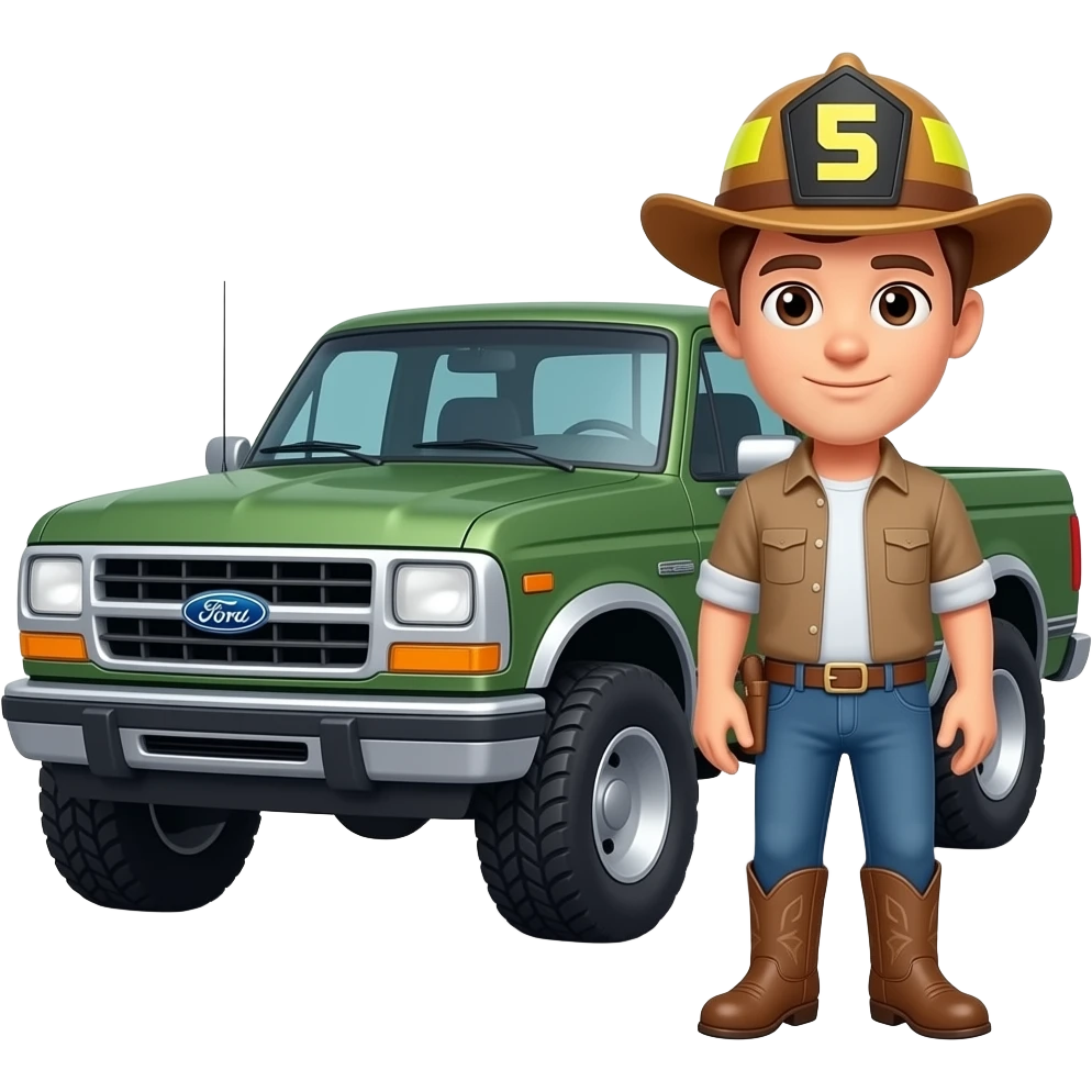 Cartoon emoji-style man in jeans, cowboy boots, and a firefighter helmet standing next to a black Ford Bronco in a garageMake the an to ford bronco marsh color in a garage emoji