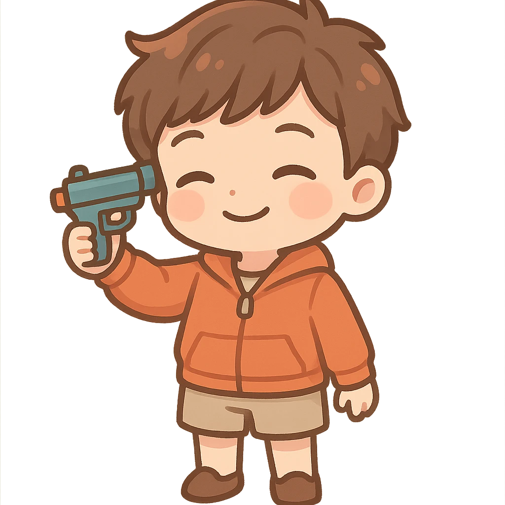 Young boy in shorts and an orange jacket with a gun to his own head, smiling emoji