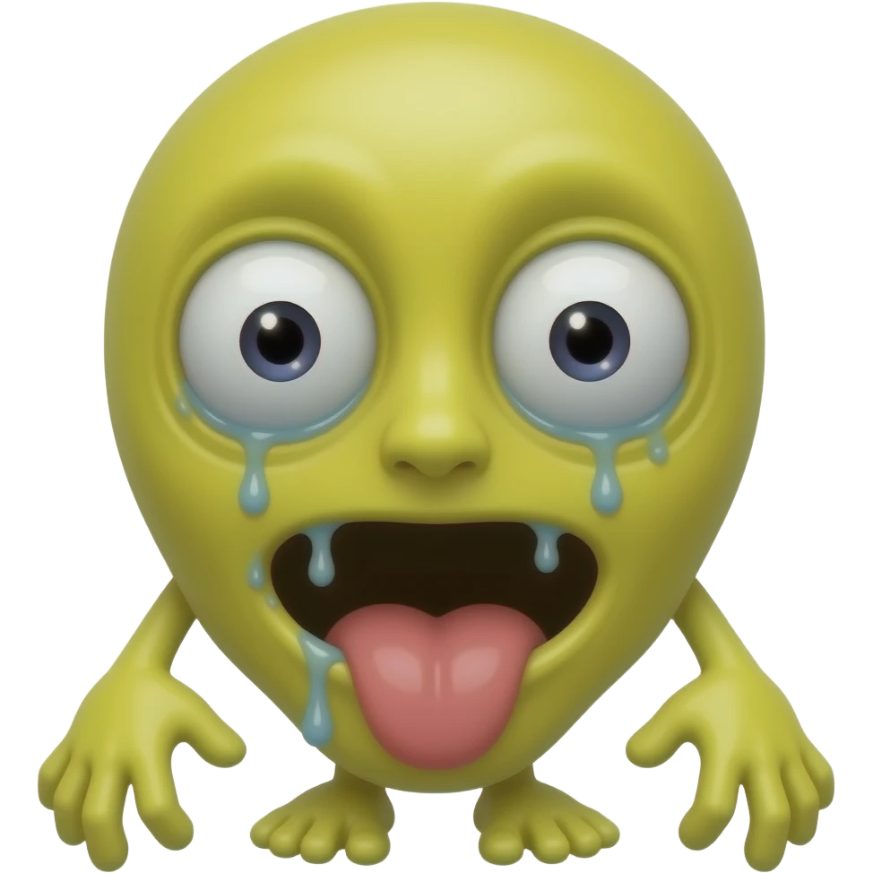 Yellow spreading, tongue out, drooling, weird look in it's eyes, slightly lifeless looking, emoji emoticon slightly creepy but also with the hands and feet visible, yellow emoji, emoticon emoji