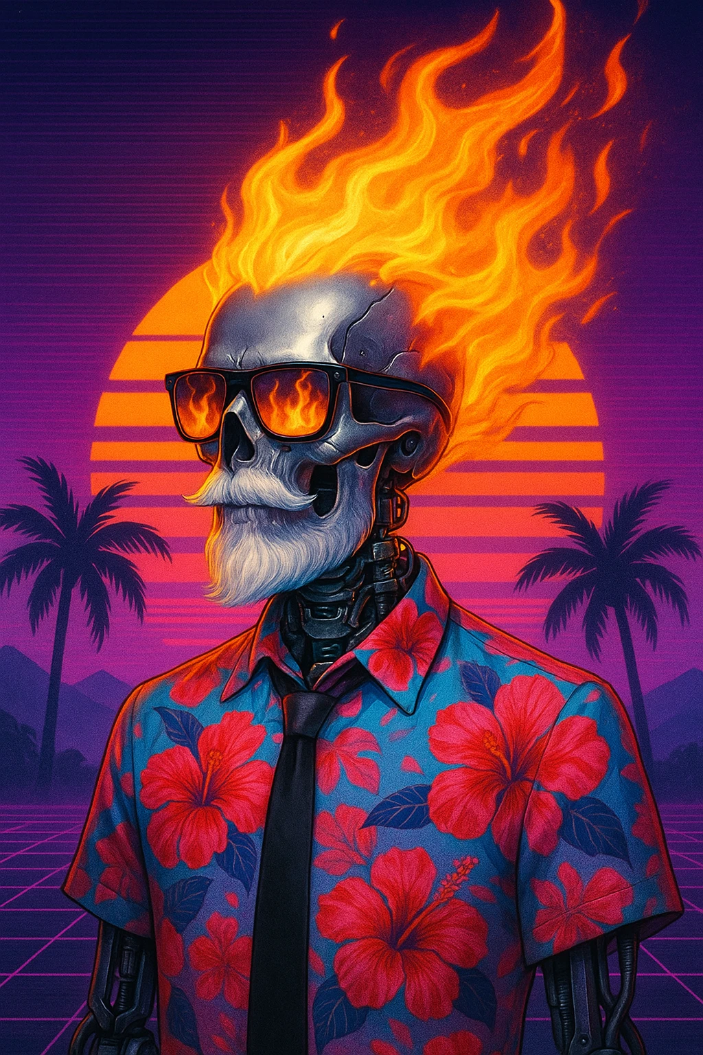 A futuristic android skeleton with a shiny silver skull, mechanical neck and shoulders, and a neat white beard. Wearing sunglasses reflecting fire, with a mane of flames from the head. Outfitted in a vibrant Hawaiian shirt (red hibiscus, pink/blue gradient) and a black tie. Exposed glowing tubes beneath the collar. Background: neon synthwave sunset, stylized sun, palm trees, retro 80s color palette. Style: cyberpunk, vaporwave, retrofuturism. emoji