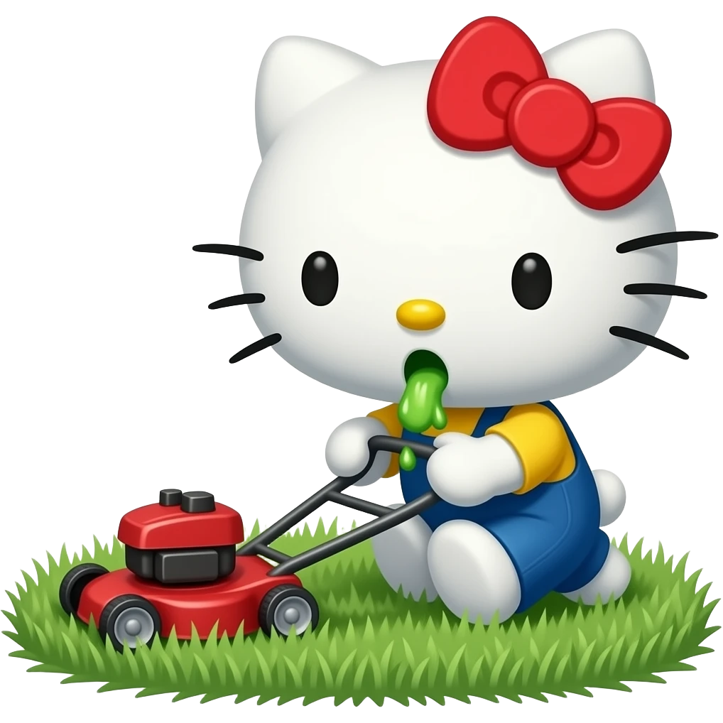 A green and white Hello Kitty is mowing the lawn with a lawnmower and throwing up while doing so emoji