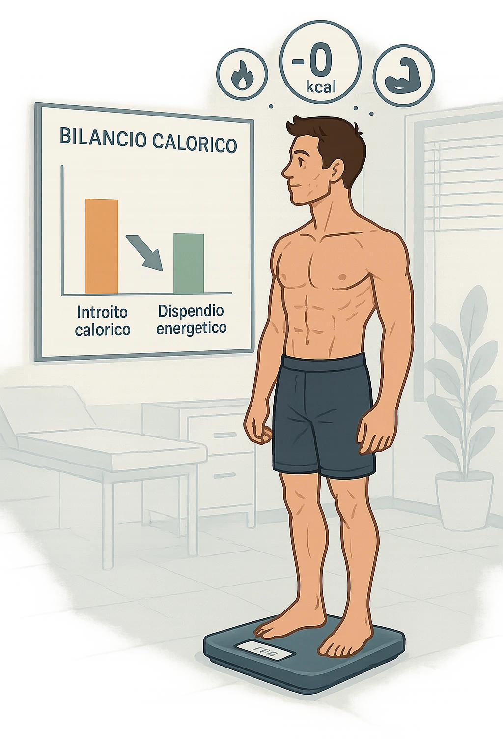 a man stands on a digital scale, looking at a nutrition chart that shows his daily calorie intake is lower than his energy expenditure. Floating icons above his head display a negative calorie balance, and his body appears slightly leaner, with visible muscle definition. The background is a modern clinic, emphasizing the concept of caloric deficit. scritto in italiano emoji