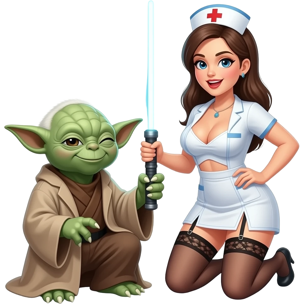 Yoda smiling with a wink, with a lady, nurse ,more cleavage  top of clothes more low cuta large light saberlarge breasts, garter belt, kneeling , mouth open emoji