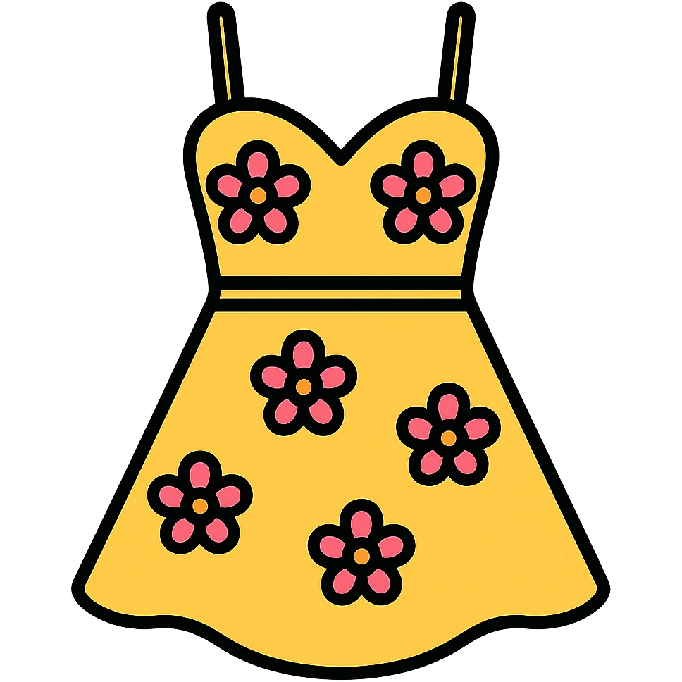 Make the dress butter yellow with thin straps, keep the color outline icon style, playful and modern, no background. emoji